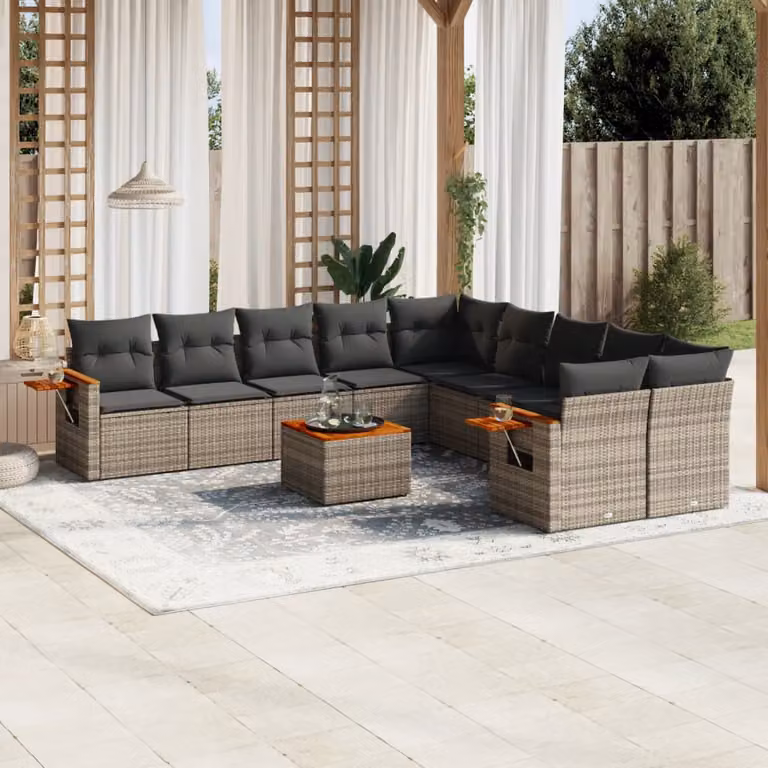vidaXL Set Divani da Giardino 11 pz in Polyrattan Grigio con Cuscini e Tavolino da Esterno a Forma di L