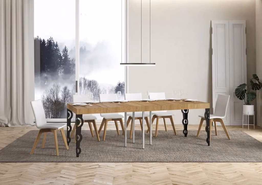 Tavolo allungabile moderno Ityhome in rovere e metallo, L/P/H: 90 x 90 x 77 cm, estensibile fino a 156 cm, colore quercia e antracite – 2