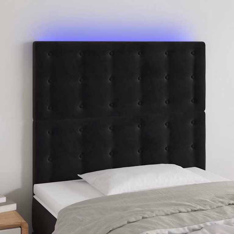 Testiera per letto vidaXL in velluto nero con illuminazione LED e porta di ricarica USB, L: 90 cm, P: 5 cm, H: 118-128 cm
