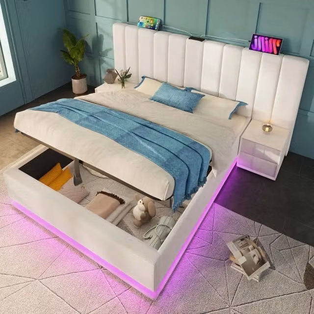 Letto Contenitore REDOM in ecopelle Bianca con LED e ricarica USB-C L/P: 160 x 200 cm