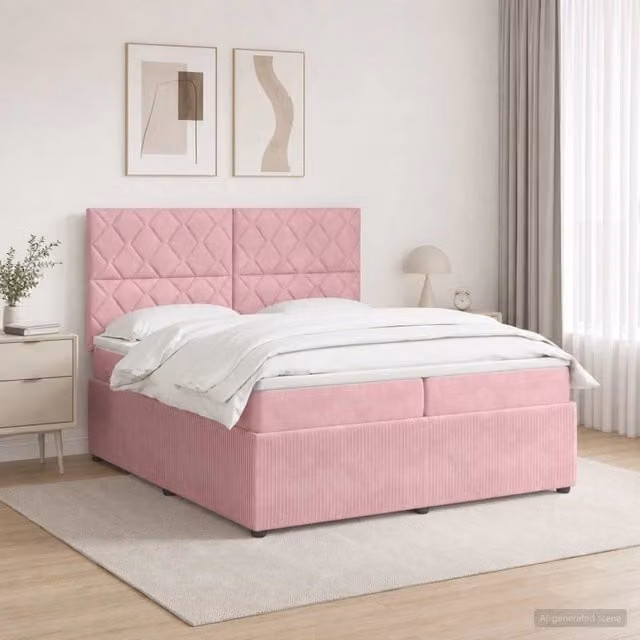 Letto Box Spring vidaXL in Velluto Rosa con Materasso Ibrido e Illuminazione LED, L/P: 200 x 200 cm