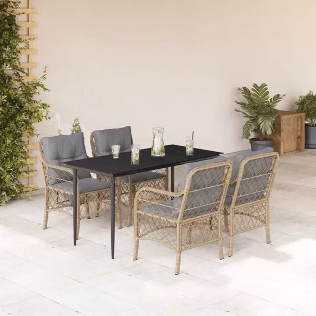 Set Pranzo da Giardino 5 pz con Cuscini Beige Misto Polyrattan