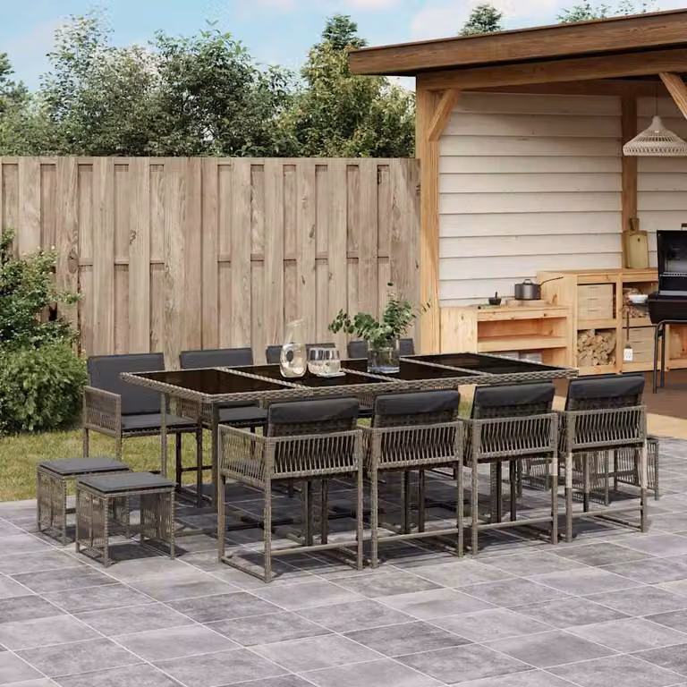 Set da Pranzo da Giardino vidaXL in Polyrattan con Cuscini e Tavolo in Vetro, 13 Pezzi, Grigio e Nero