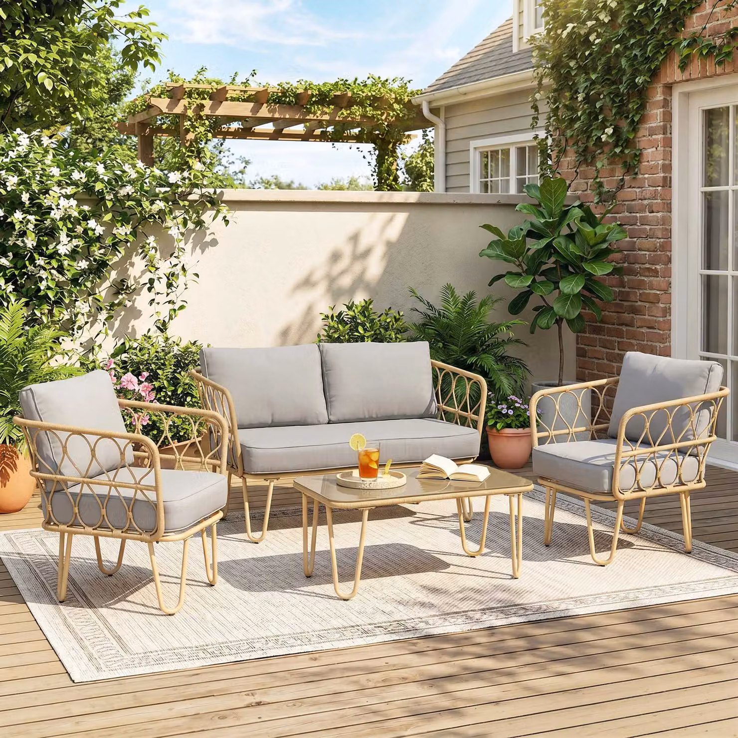 Set Salotto da Giardino Outsunny in Polyrattan 4 Pezzi con Divano 2 Posti, 2 Poltrone e Tavolino con Piano in Vetro, Cuscini Sfoderabili Grigio e Giallo – 2