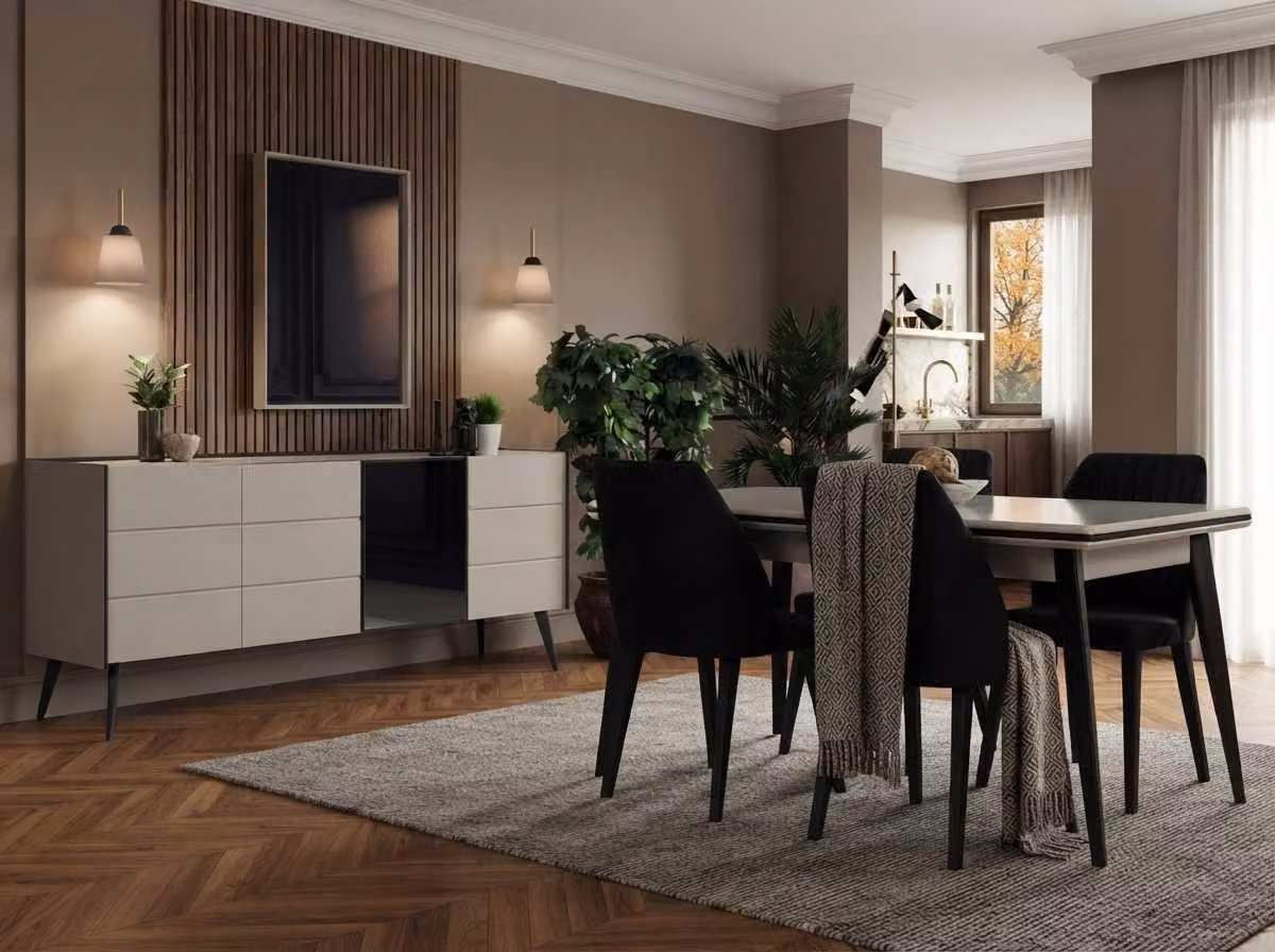 Tavolo da pranzo, sedie, consolle, specchio, beige, moderno, elegante, set per sala da pranzo