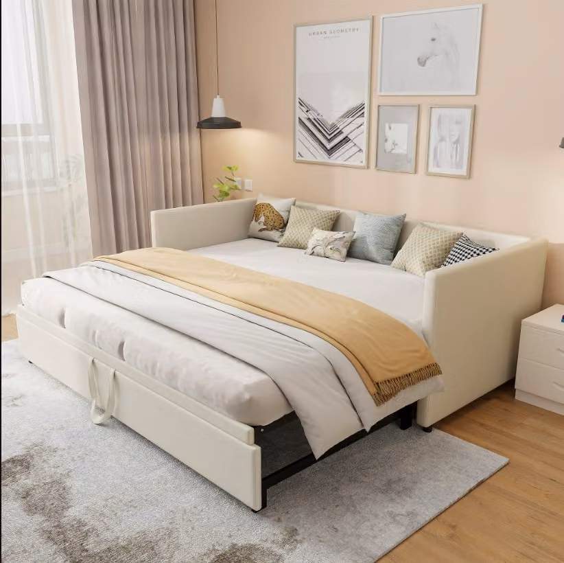CDGlobal letto da giorno 90x200cm/180x200cm letto estraibile, divano letto allungabile con rete a doghe e braccioli, letto imbottito in velluto letto per bambini divano letto, beige