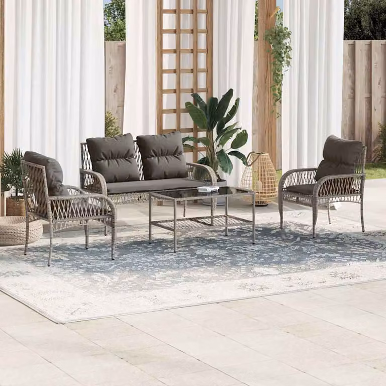 Set da giardino vidaXL 4 pezzi in rattan e metallo con cuscini grigi per esterno