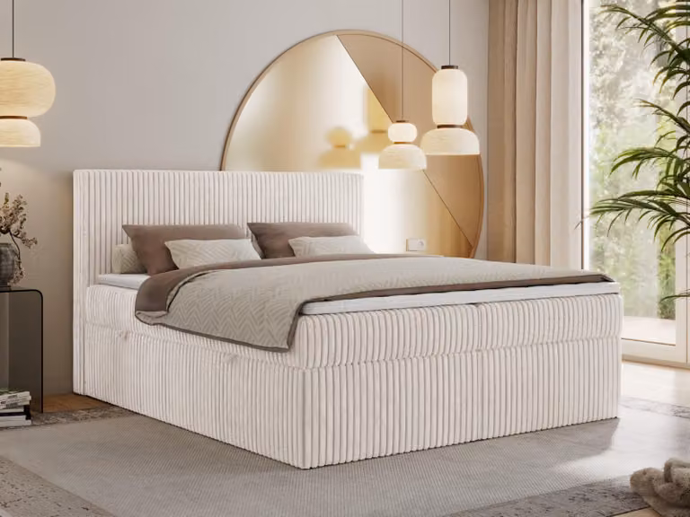 Letto continentale Tiliano 180x200 con contenitore, materasso H3 multi-cup, Topper T25, beige - tessuto a coste