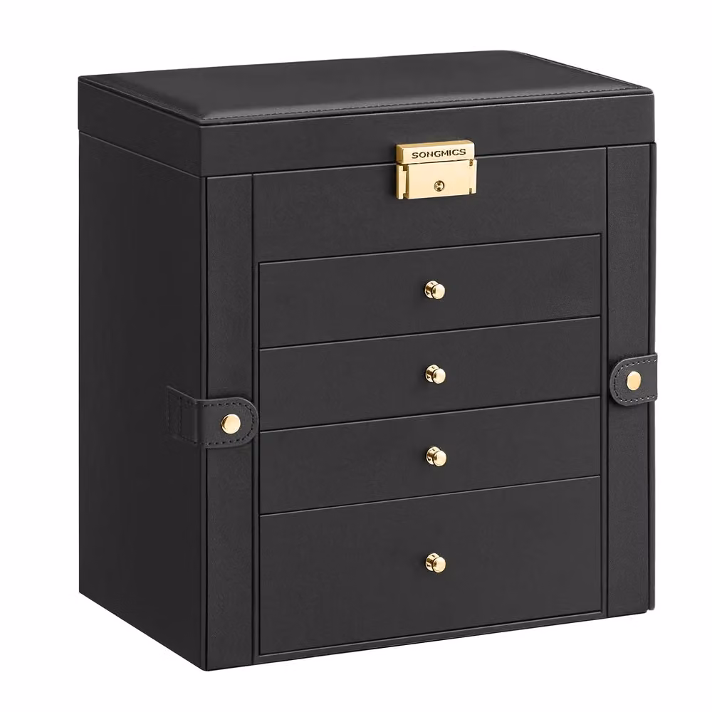 Scatola Portagioie con Cassetti Specchio Interno Chiusura a Chiave, Nero / 26 x 15 x 28 cm (P x l x H)