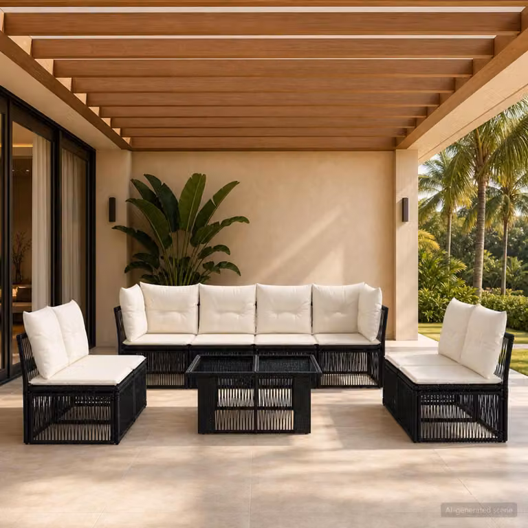 Set Divano da Giardino Moderno vidaXL in Polyrattan Nero con Tavolino e Cuscini Imbottiti