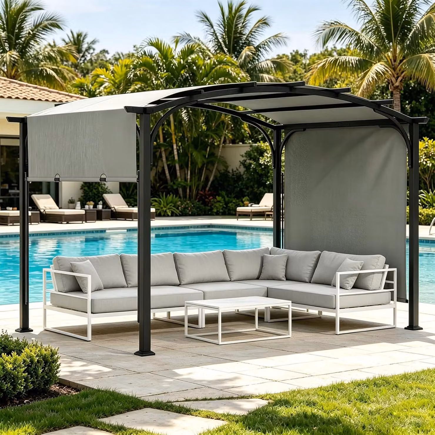 KOMFOTTEU, Pergola da giardino, 3 x 2,4 metri, gazebo con protezione solare e tetto a volta (grigio)