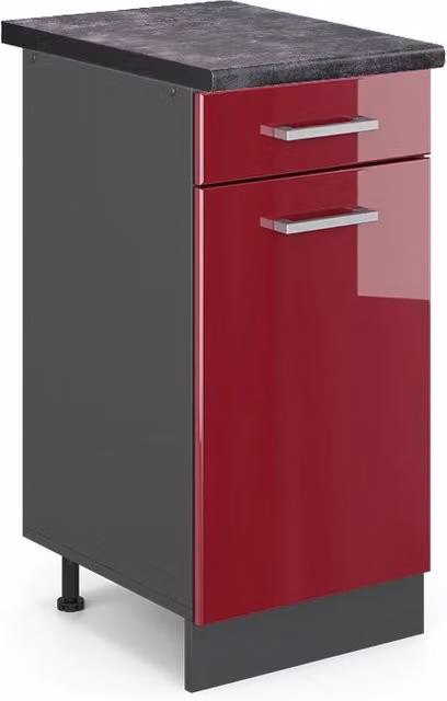 Mobiletto base per cucina Vicco R-Line Rosso lucido e Antracite con ante a battente e cassetti L 40 cm x H 81,6 cm x P 60 cm