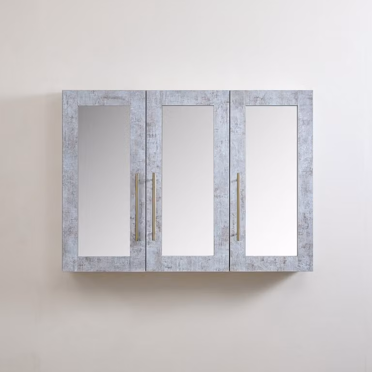 Mobiletto a Specchio da 600mm x 650mm Grigio Cemento - Completo di Maniglie Moderne a Barra in Oro Satinato - Cluo