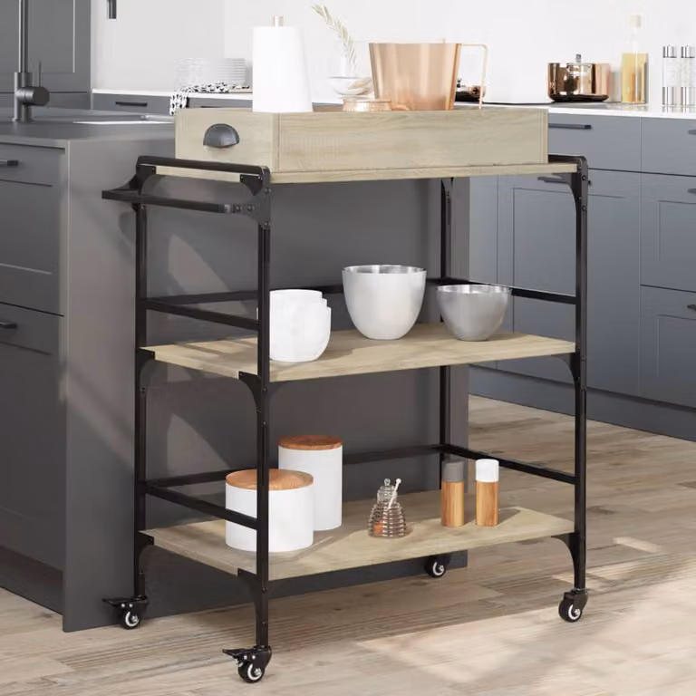 Carrello da cucina vidaXL in legno Rovere Sonoma e metallo, stile industriale, L 81,5 cm x P 41 cm x H 92,5 cm