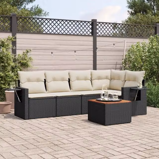 Set Divano da Giardino 6 pz con Cuscini Nero in Polyrattan 3256882