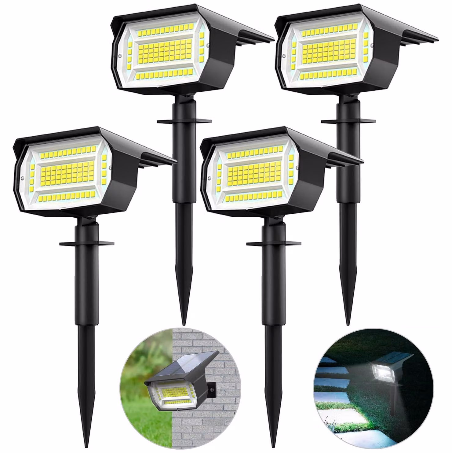 Set di 4 luci solari, 72 LED, luce bianca fredda, impermeabili, per uso esterno