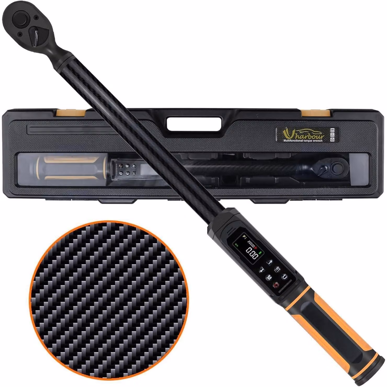 Chiave dinamometrica digitale da 3 a 200 Nm, attacco da 1/2 pollice, in fibra di carbonio, precisione ±2%, allarme LED
