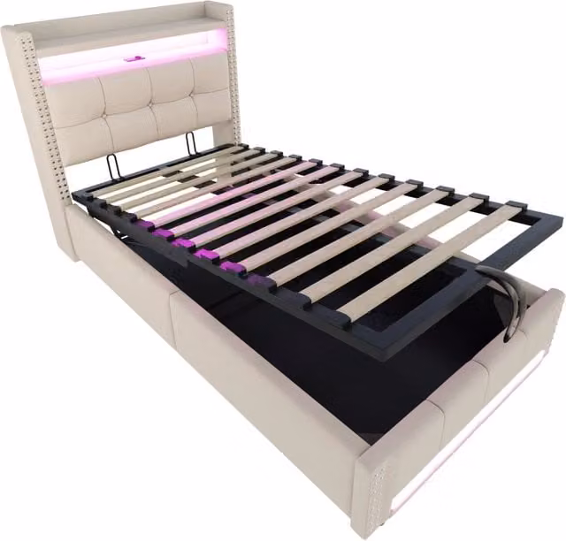 Letto singolo imbottito per bambini 90x200 cm con LED multicolore, presa USB e contenitore con sistema idraulico, rivestimento lino beige