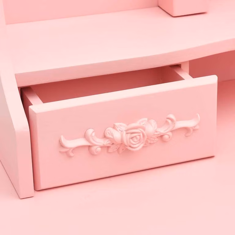 Tavolino da toilette con sgabello e triplo specchio rosa