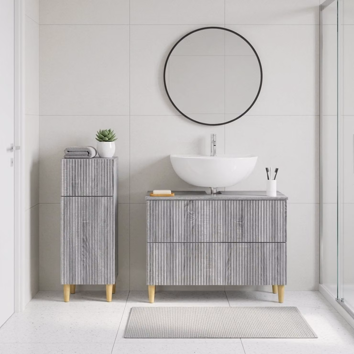 Set di mobili da bagno vidaXL ARNHEM composto da mobile lavabo e mobile contenitore, colore grigio Sonoma, design moderno con ante a cerniera e ripiani interni