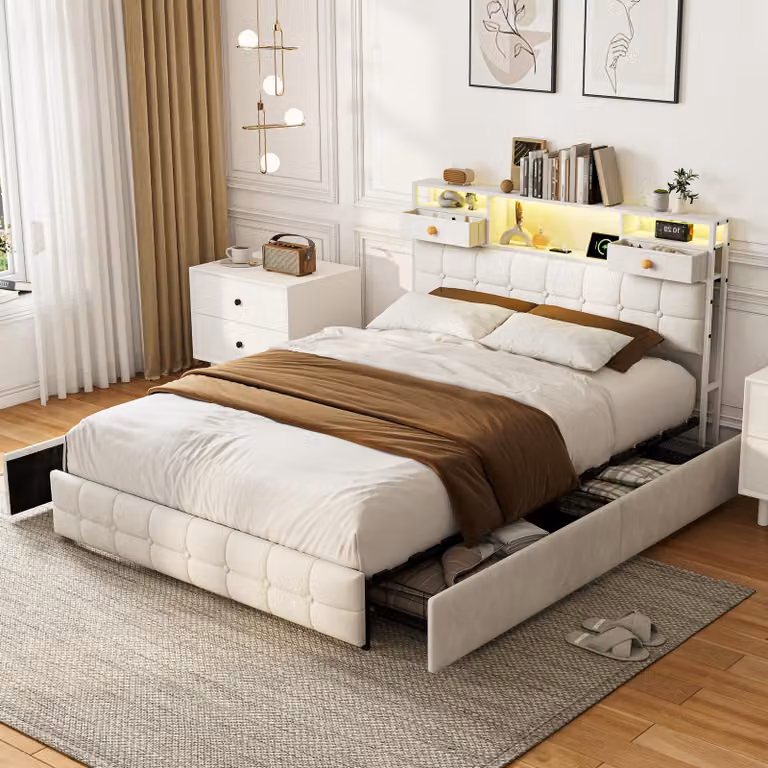 Letto imbottito Moonbite 140x200 cm con cassetti, illuminazione a LED e presa USB, beige