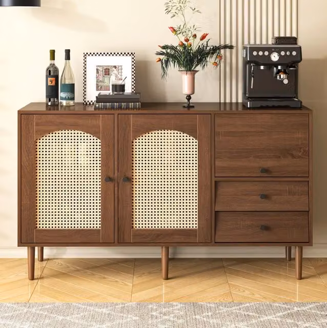 Credenza in stile country con ante in rattan 130x75;5x40 cm; pannello truciolare; colore legno