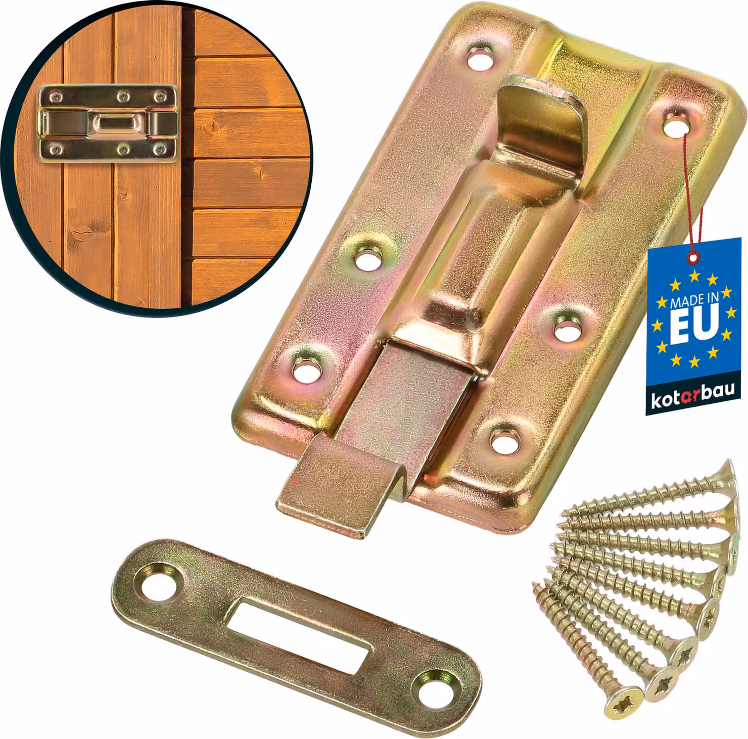 KOTARBAU® Catenaccio a manovella 80 mm con piastra di riscontro per porte zincato giallo zincato universale