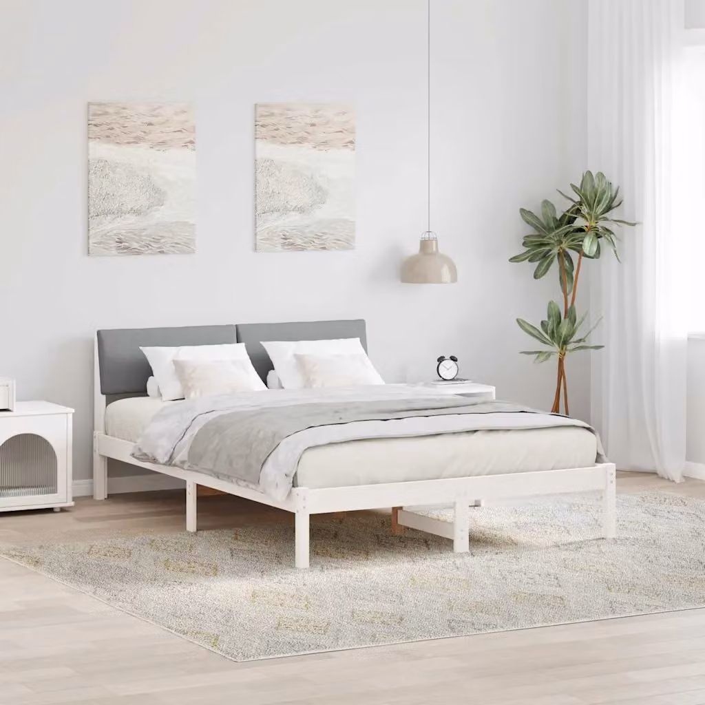 Struttura del letto moderna vidaXL in legno di pino e tessuto, Bianco e grigio, L/P/H: 200 x 140 x 78,5 cm – 1