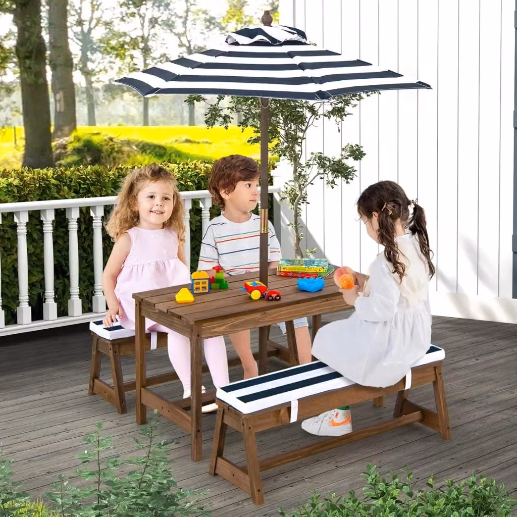 Costway Set Tavolo e Panca da Picnic per Bambini in Legno di Abete con Ombrello e Cuscini, Blu e Marrone – 2