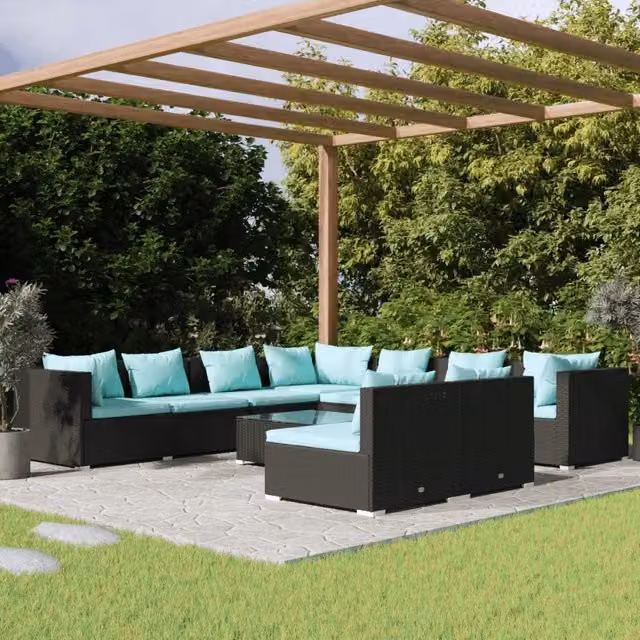 Set Salotto da Giardino Moderno vidaXL in Polyrattan Nero con Cuscini Blu e Tavolino da Caffè a Forma di L