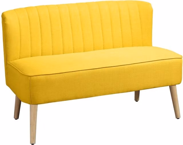 Divano 2 Posti Moderno DESIGN IN in Tessuto Giallo con Gambe in Legno di Gomma, L: 117 cm, P: 56.5 cm, H: 77 cm