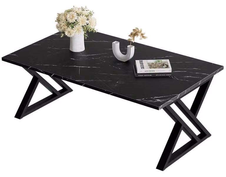 Tavolino da salotto, tavolino in legno, tavolino da caffè, tavolino ausiliario, struttura in metallo, colore nero e bianco, design a "X"