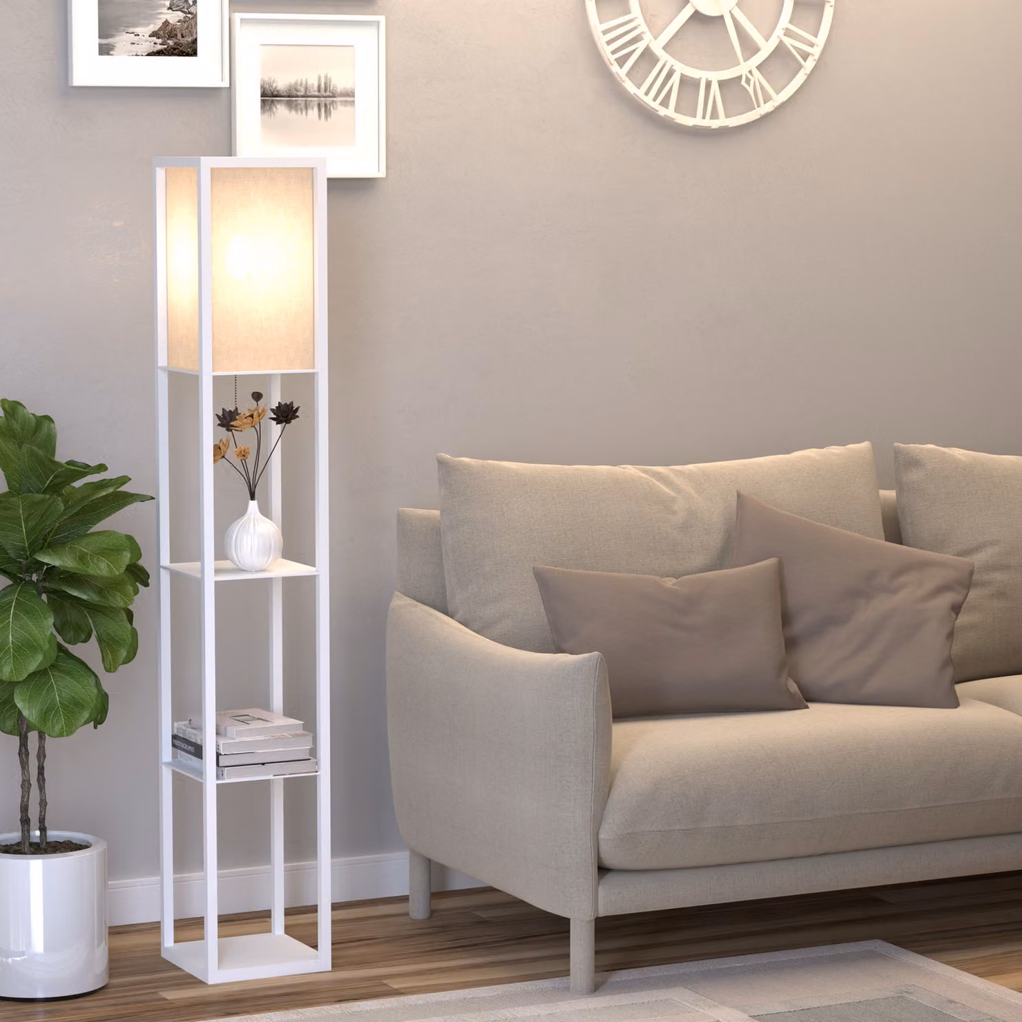 Lampada da terra HOMCOM con 3 mensole integrate, design moderno in legno e tessuto, colore bianco, L/P/H: 26 x 26 x 160 cm – 2