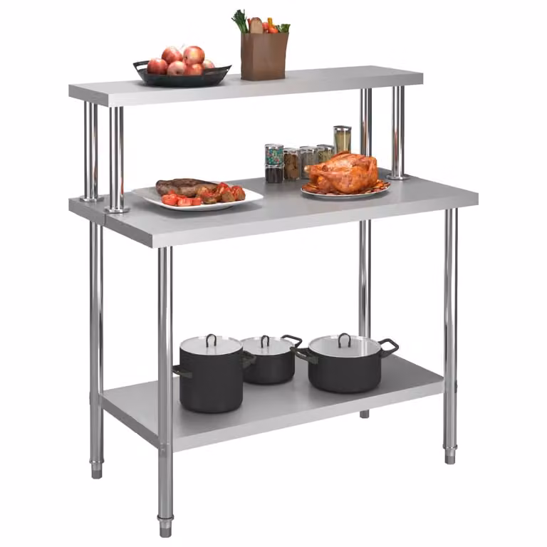Piano di lavoro per cucina con ripiano superiore 120×60×120 cm in acciaio inox