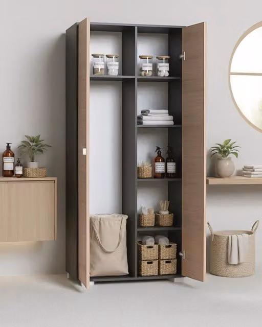 Armadio multiuso Sonia 2 ante - Mobile portascopa salvaspazio - 6 ripiani interni e un vano portascope - Colore ante virginia e struttura antracite - 75x180x35 cm