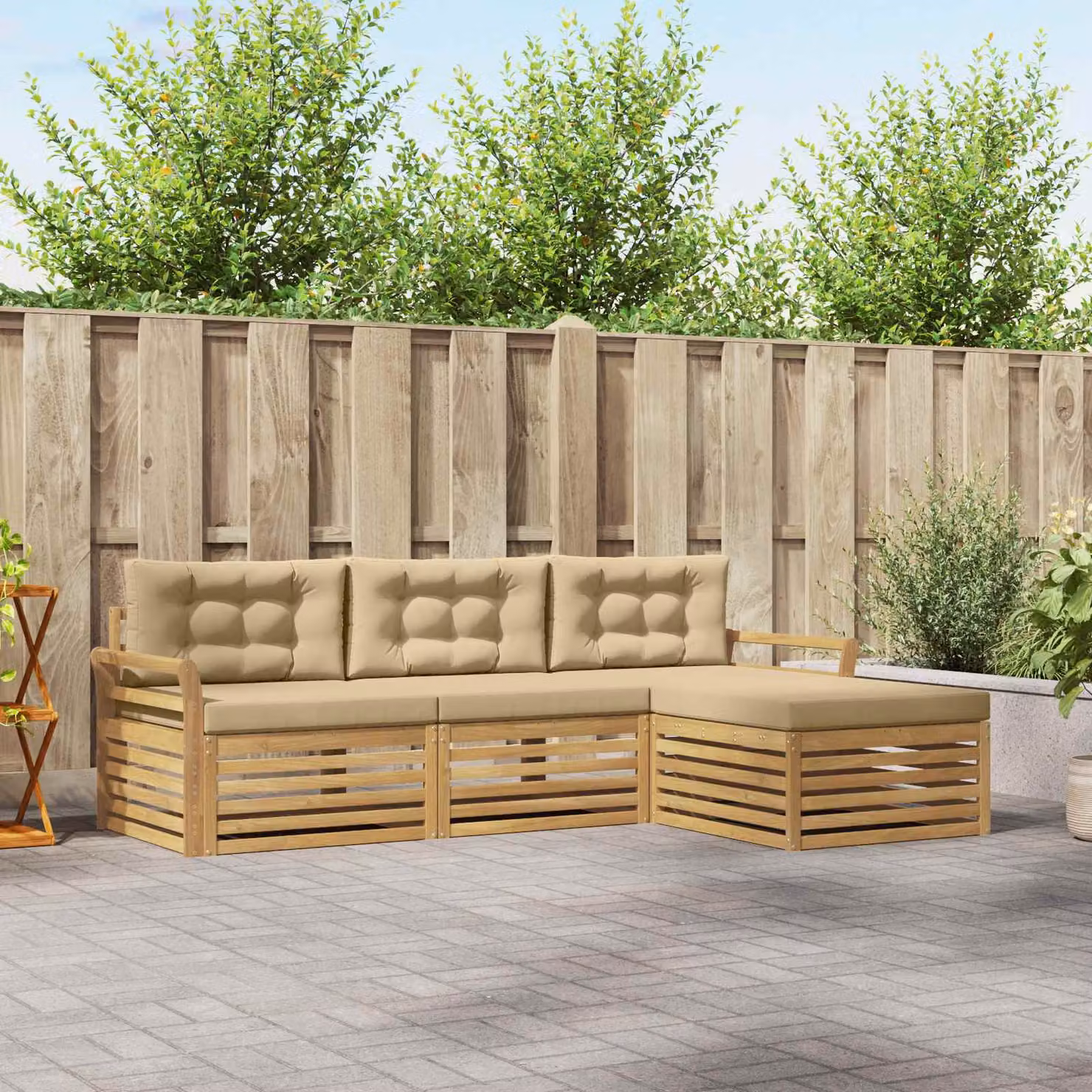 vidaXL Set di divani da esterno 4 pz in legno di acacia con pouf e cuscini, Bianco e Beige