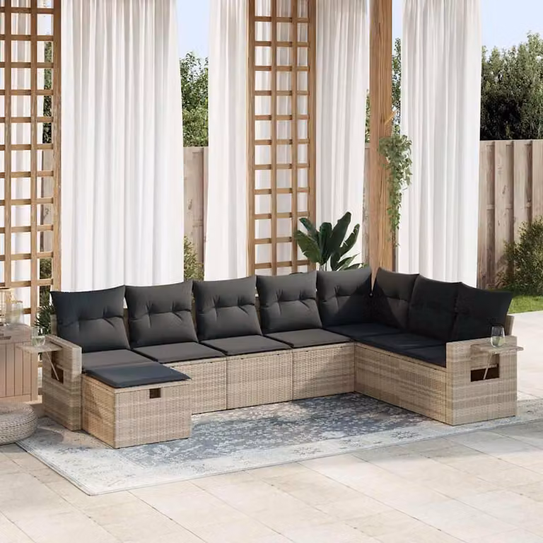 Set Divano da Giardino a L vidaXL in Polyrattan Grigio con 8 Cuscini e Ottoman