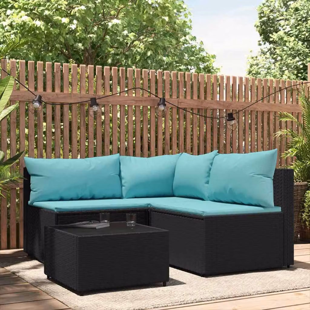 Set da giardino vidaXL composto da 4 pezzi con divani a L, tavolino e cuscini in rattan nero e blu con struttura in acciaio e vetro