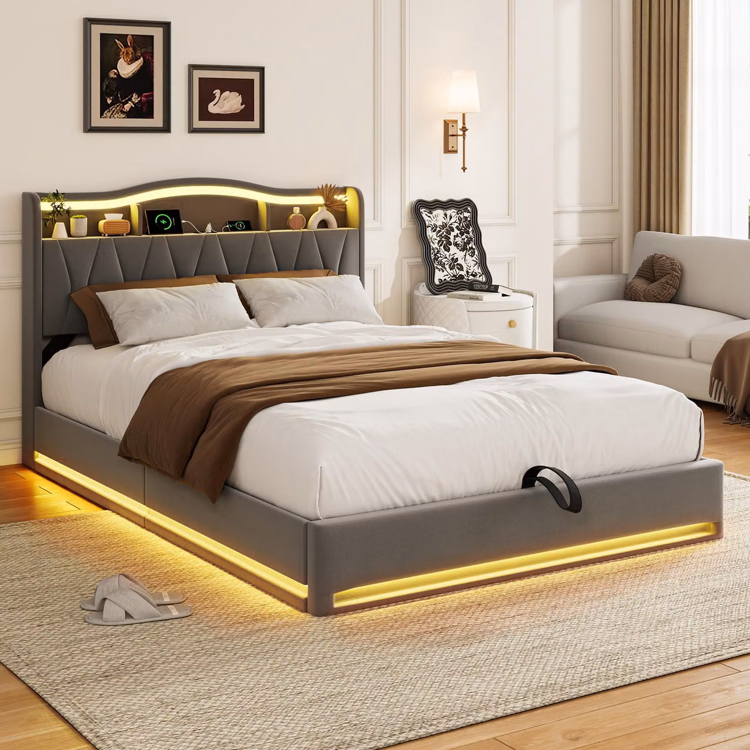 Letto imbottito 160x200 cm con spazio contenitore idraulico, testiera con spazio contenitore, illuminazione LED, 2 porte USB-C e 1 porta USB, rete a doghe, rivestimento in pile grigio, senza materasso