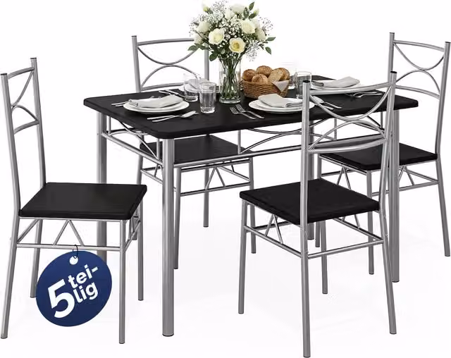 Set da pranzo Paul Casaria composto da tavolo rettangolare e 4 sedie in metallo e MDF, colore nero opaco, L/P/H: 110 x 76 x 70 cm