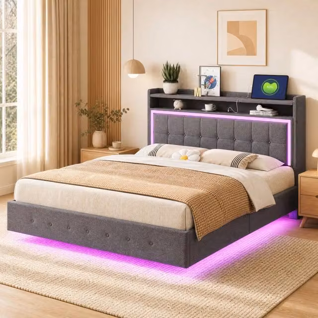 Letto matrimoniale imbottito MODFU grigio con porta USB, illuminazione LED e ripiani laterali, L/P: 140 x 200 cm