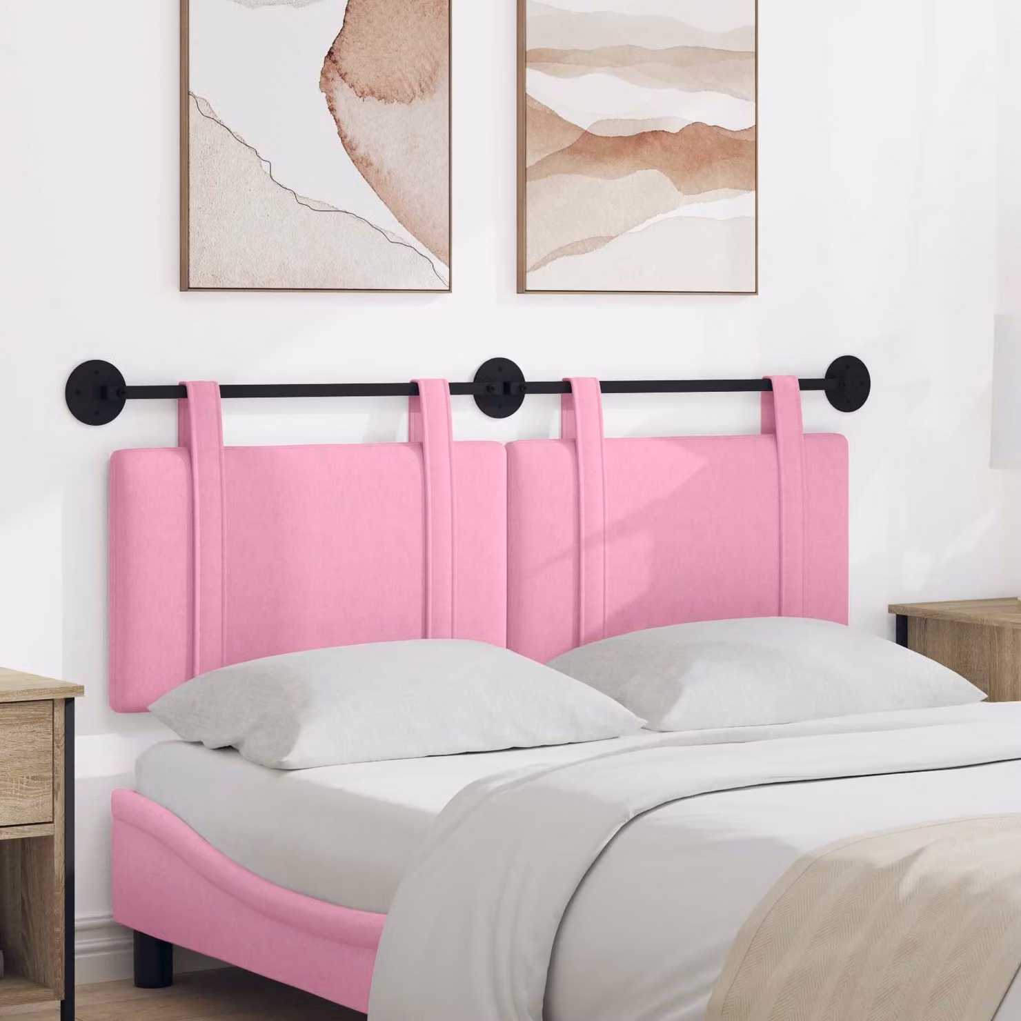 Testiera sospesa vidaXL in tessuto rosa con pannello imbottito e struttura in legno e metallo L: 130 cm, H: 55 cm, P: 5,89 cm