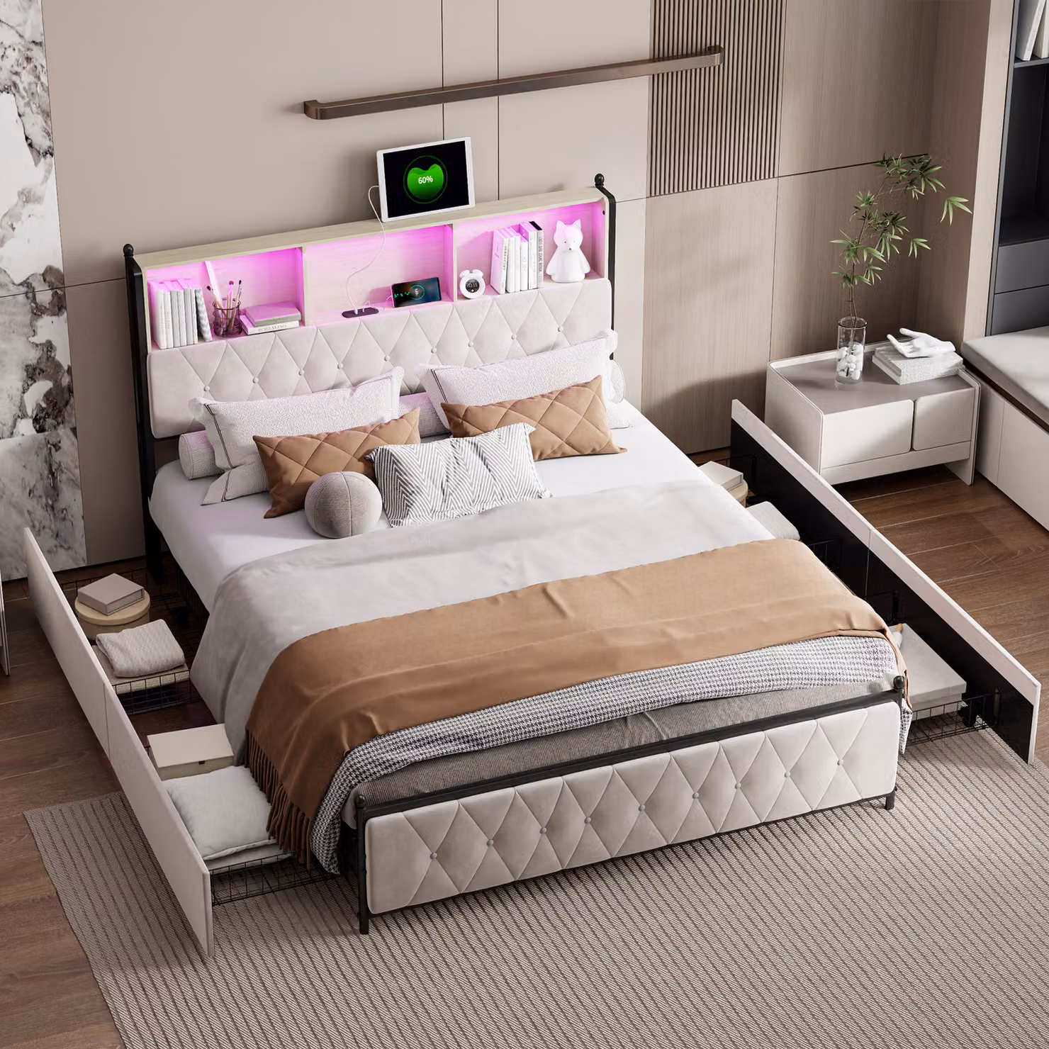 Letto in velluto beige 160x200 cm con cassetti, testata a LED multicolore, USB/Type-C e contenitore sotto il letto
