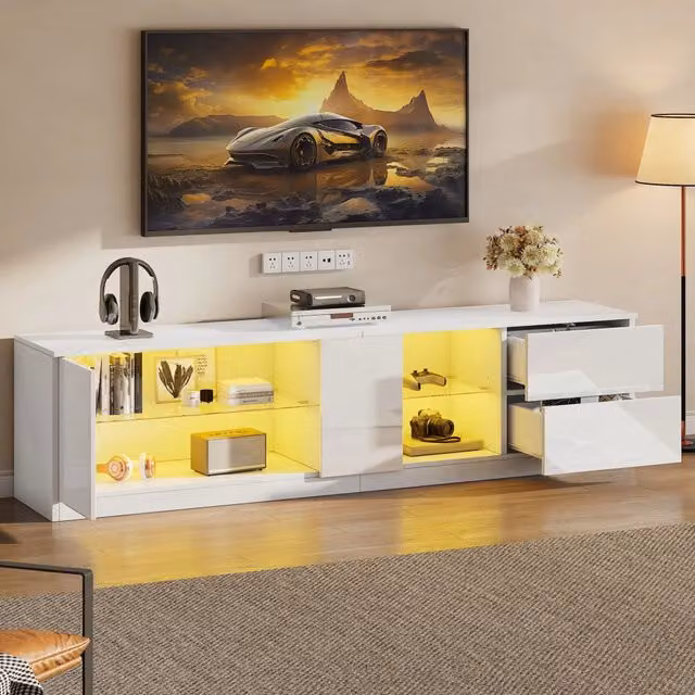 Mobile TV LED per televisori fino a 65 pollici con 2 cassetti e anta, in MDF bianco lucido, 160 × 40 × 52 cm