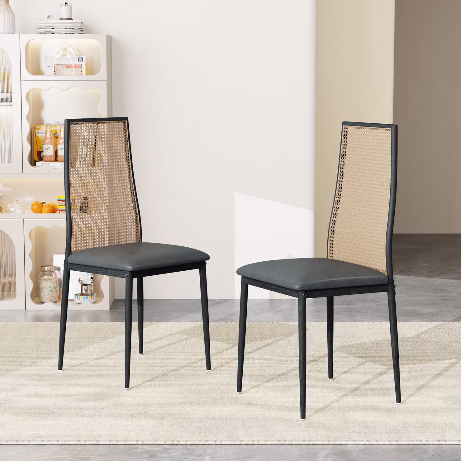 Set di 2 sedie da pranzo di design, Similcuoio, schienale in rattan, gambe in metallo, nero, 97,5 x 44 x 43 cm