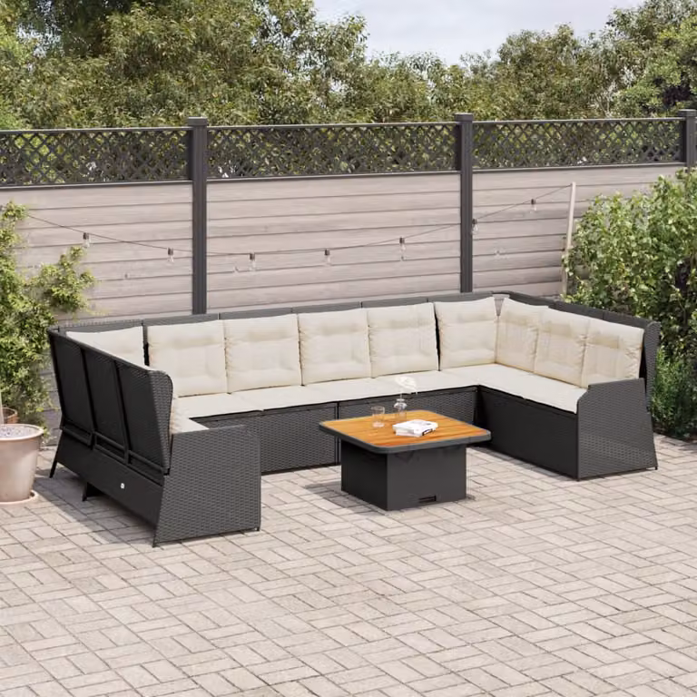 Set Salotto da Giardino vidaXL a Forma di L con 7 Cuscini e Tavolino, Polyrattan e Acciaio Verniciato a Polvere, Nero