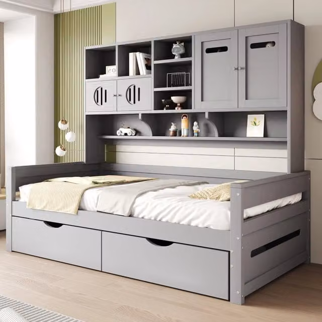 Letto con contenitore REDOM in legno grigio con 2 cassetti L/P/H: 205 x 90 x 66.8 cm – 1