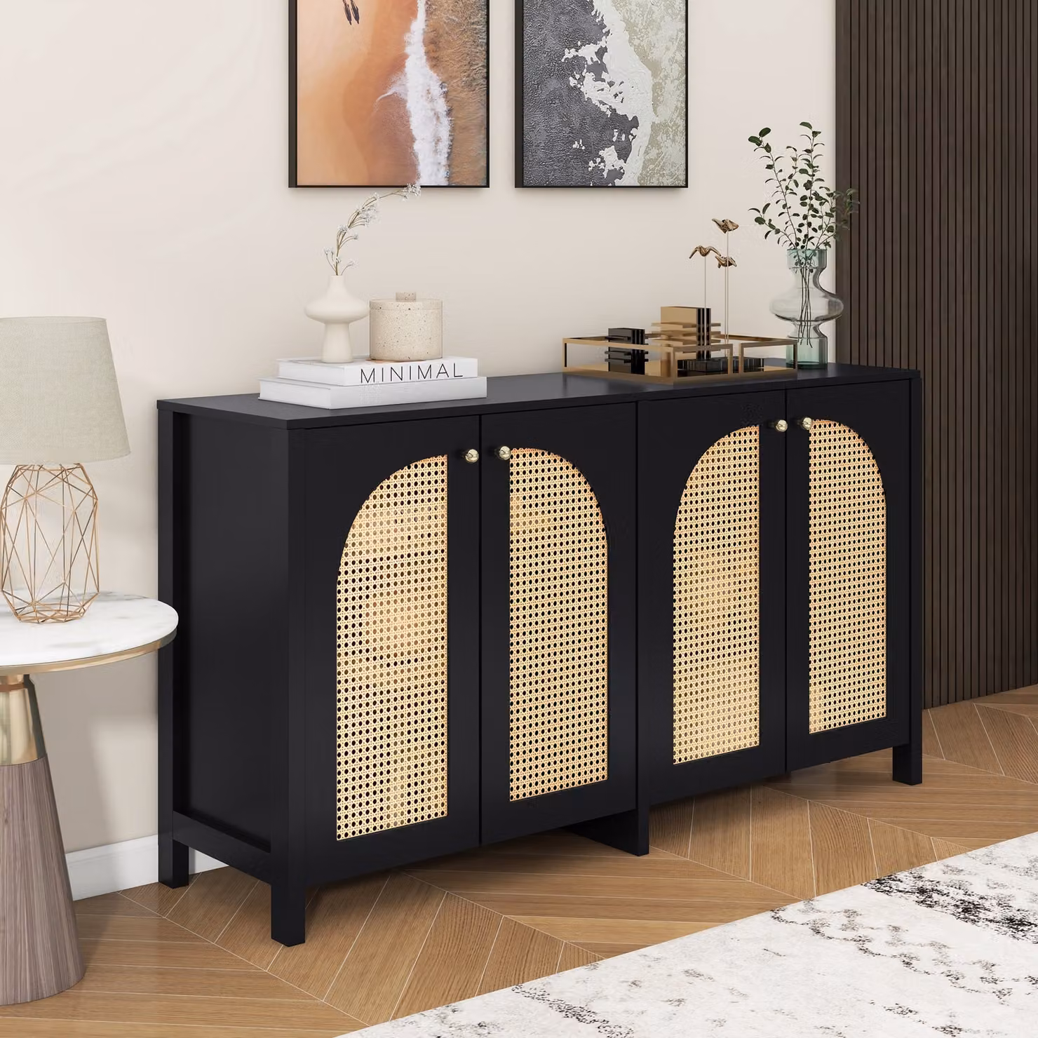 okwish Cassettiera 4 ante, 145×80×40 cm, mobile con ante in rattan, maniglia in metallo, nero