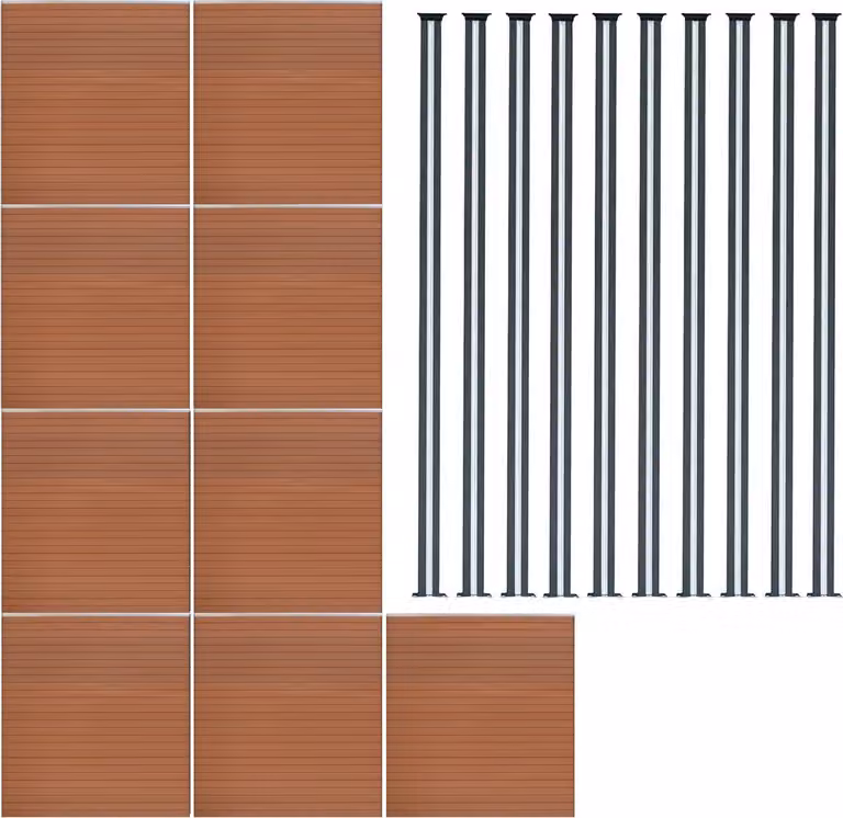 Pannello divisorio in legno composito (WPC) x9 e pali per recinzione con illuminazione a LED x10 - Colore marrone