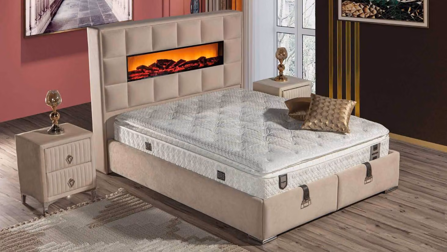 Elegantes Bett mit Matratze in Beige aus Textil und Edelstahl